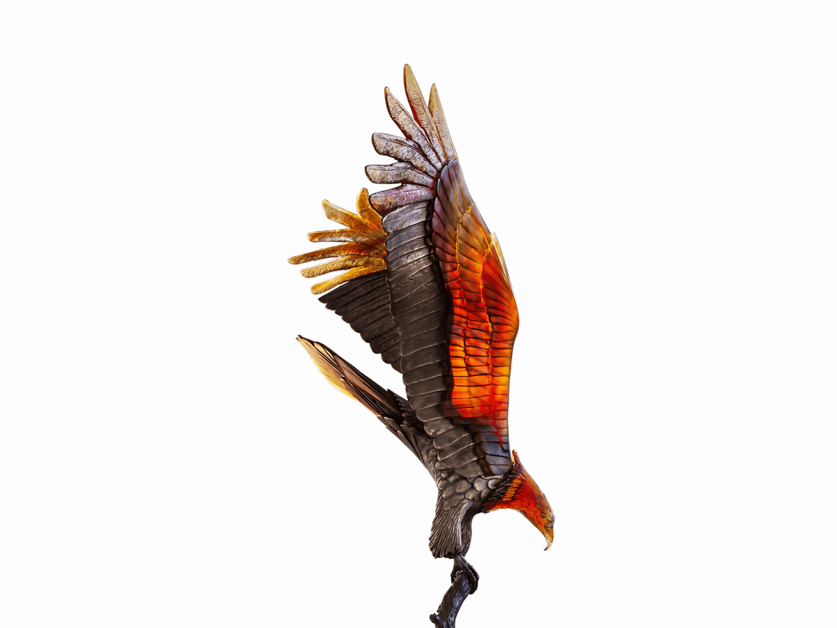 Daum Aigle royal prestige glass sculpture of a soaring eagle in orange and black tones.