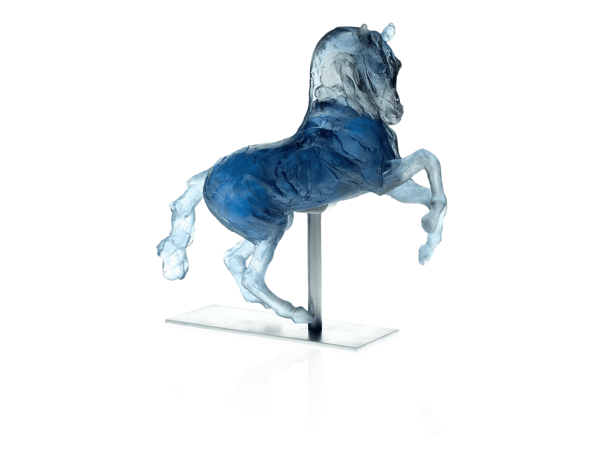 Blue Daum glass horse sculpture by Alexandre de Jean-Louis Sauvat 375ex on a clear base.