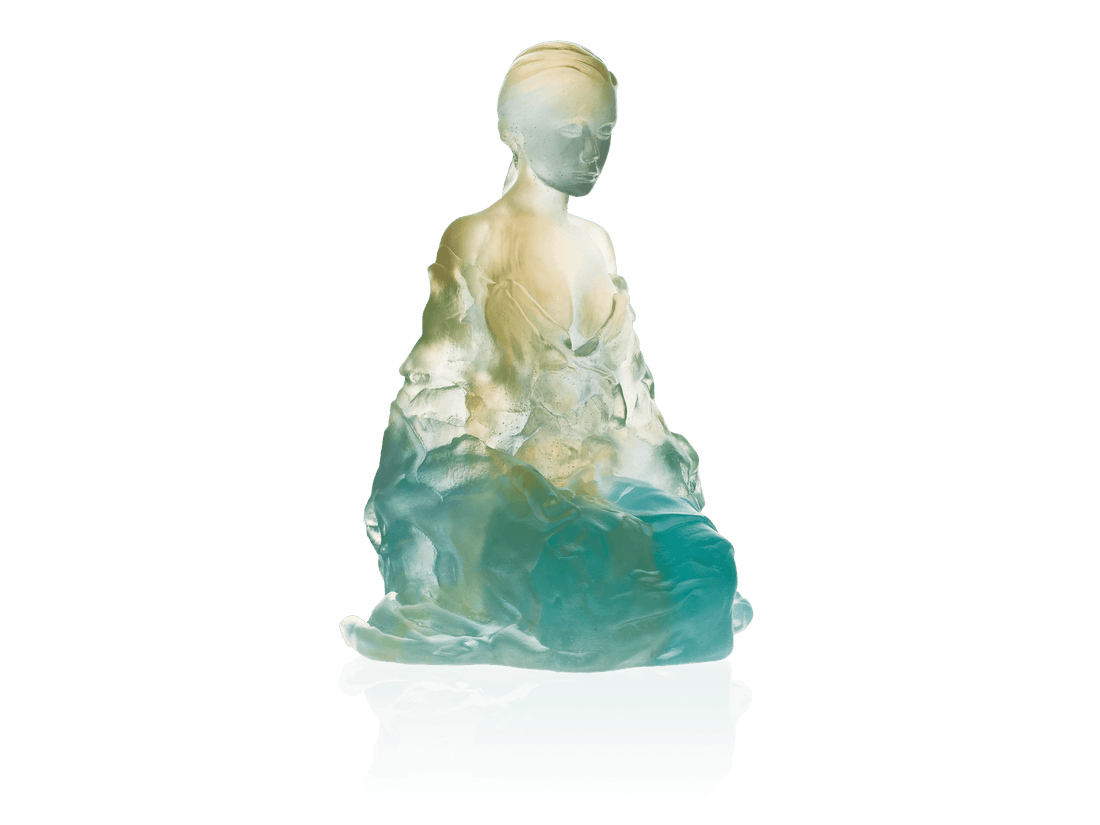 Daum Athéna sculpture by Marie-Paule Deville-Chabrolle in translucent blue and gold glass