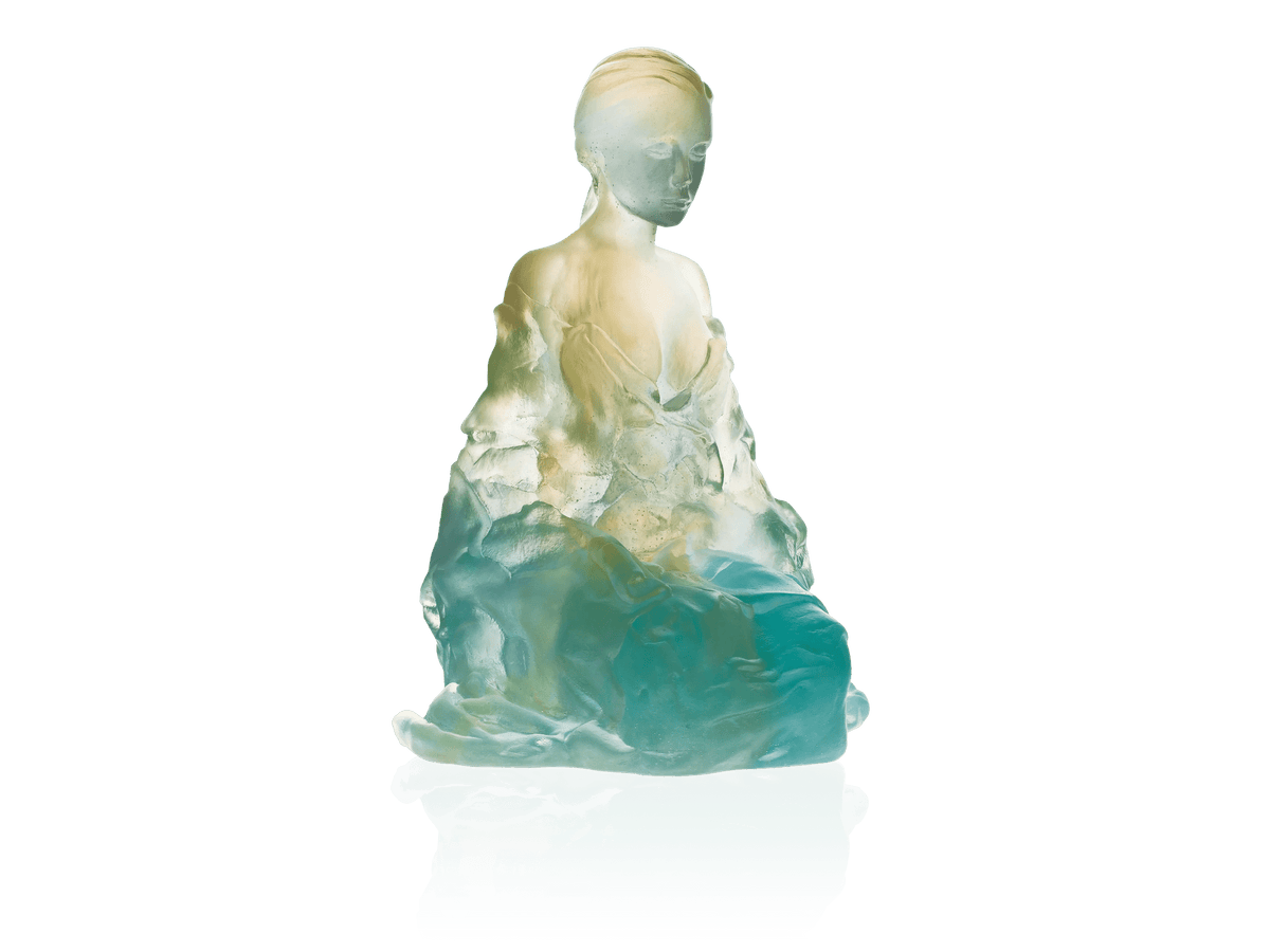 Daum Athéna sculpture by Marie-Paule Deville-Chabrolle in translucent blue and gold glass