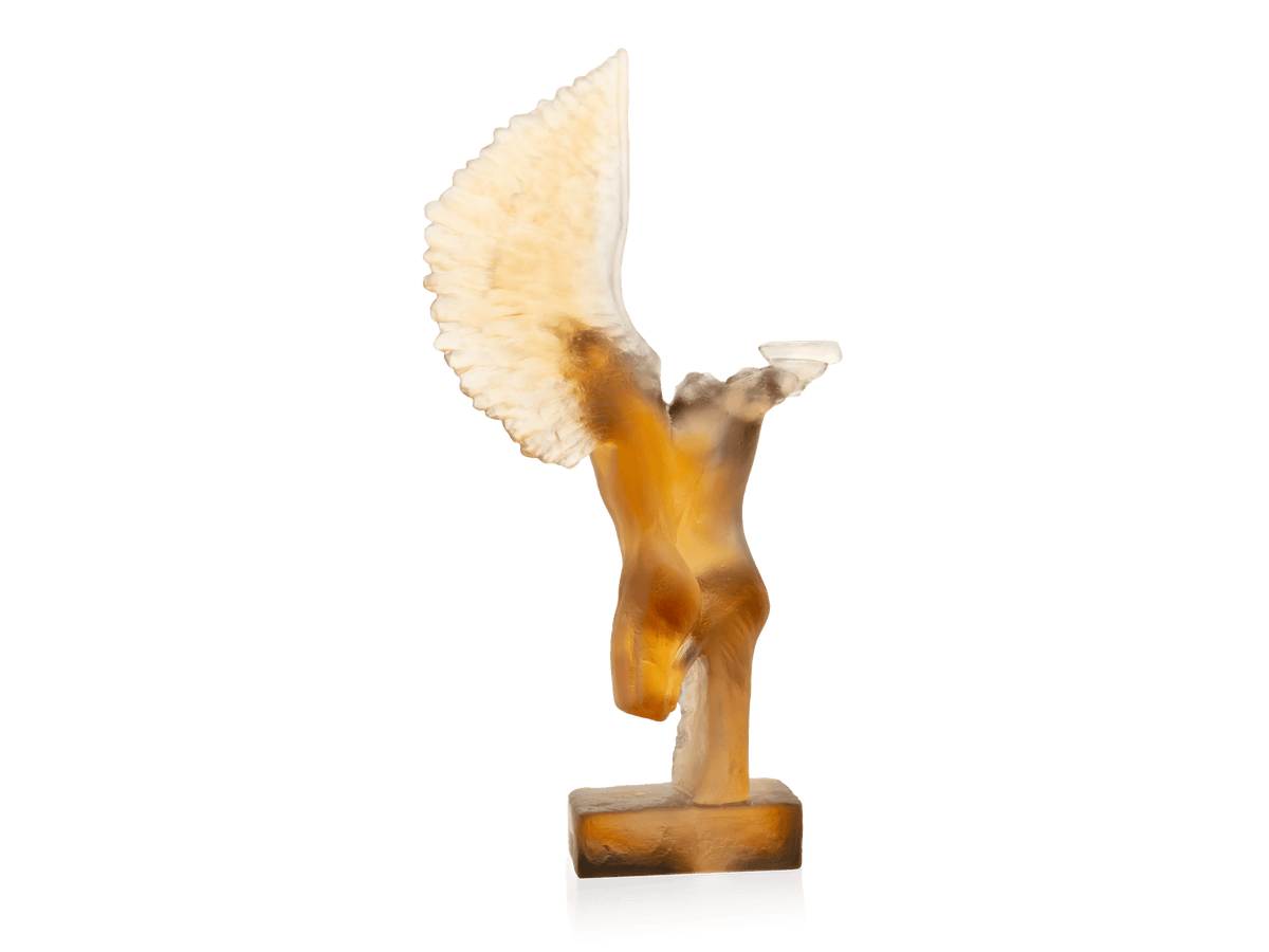 Daum Céyx sculpture by Dominique Vial, amber-toned glass winged figure on a square base.