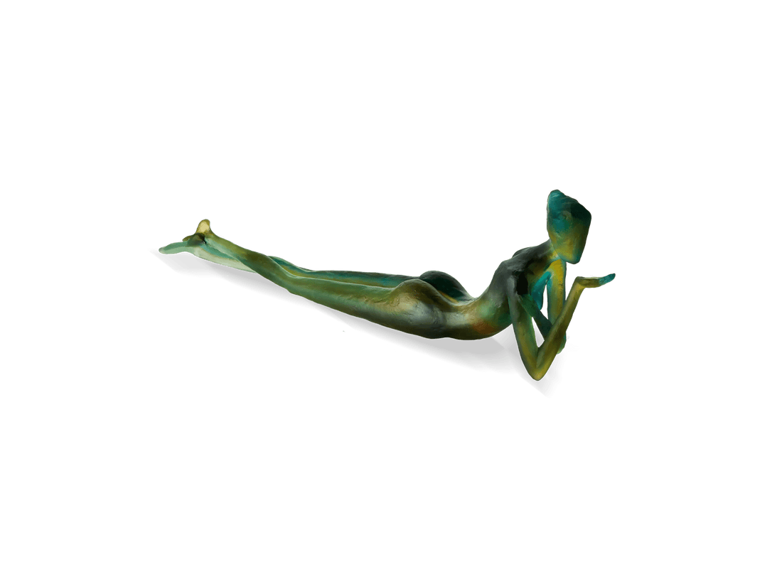 Daum Darling de Sylvie Mangaud 375ex glass sculpture of a reclining female figure in teal.