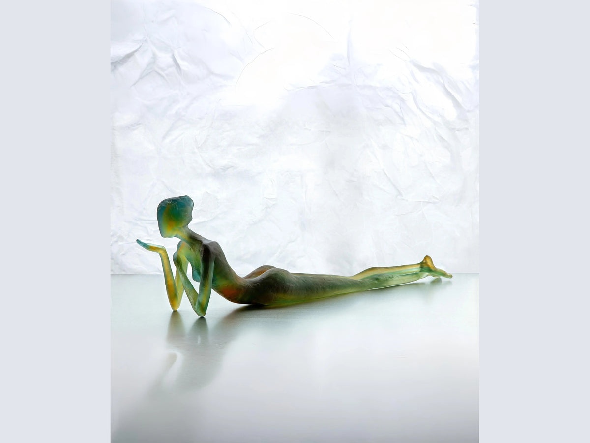 Daum Darling glass sculpture by Sylvie Mangaud in gradient green and blue tones