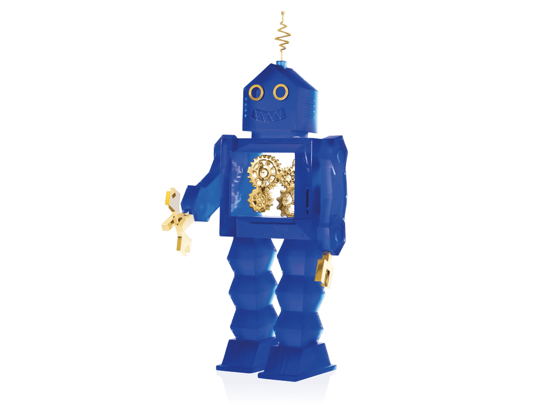 Blue Daum robot wind-up toy with visible gold gears and a golden key.