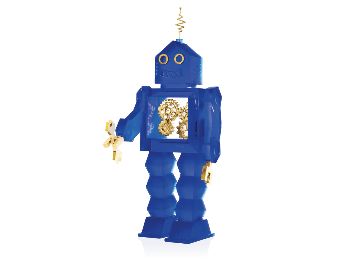 Blue Daum robot wind-up toy with visible gold gears and a golden key.