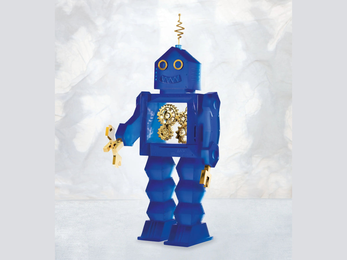Blue Daum Daumot 163 de Kriki 99ex wind-up robot with visible gold gears.