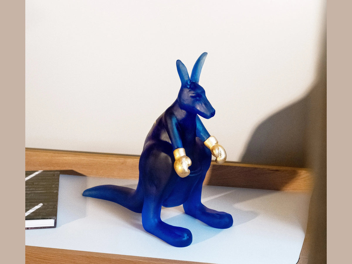 Blue glass Daum Kangourou Wally kangaroo figurine by Yves Henry with gold boxing gloves