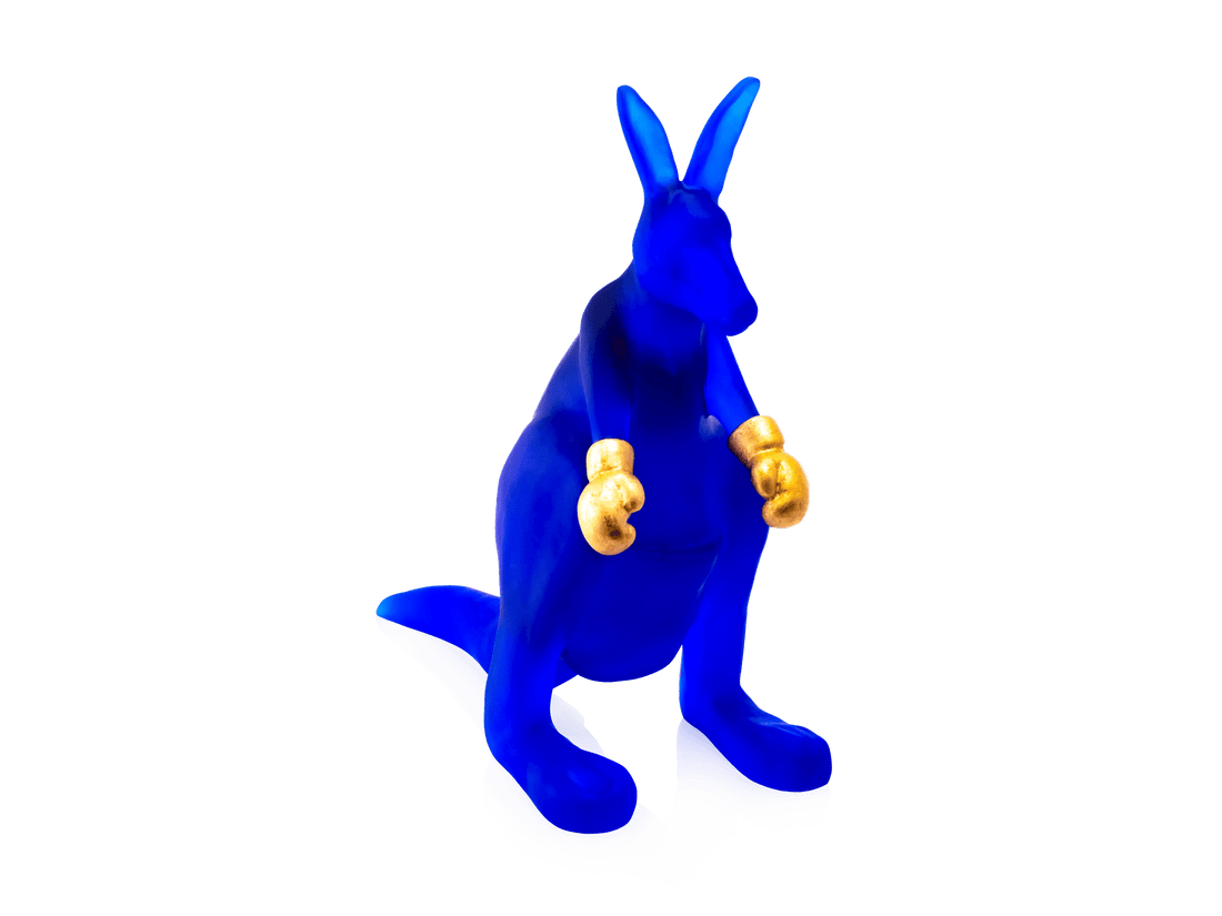 Blue Daum glass kangaroo figurine with gold boxing gloves by Yves Henry