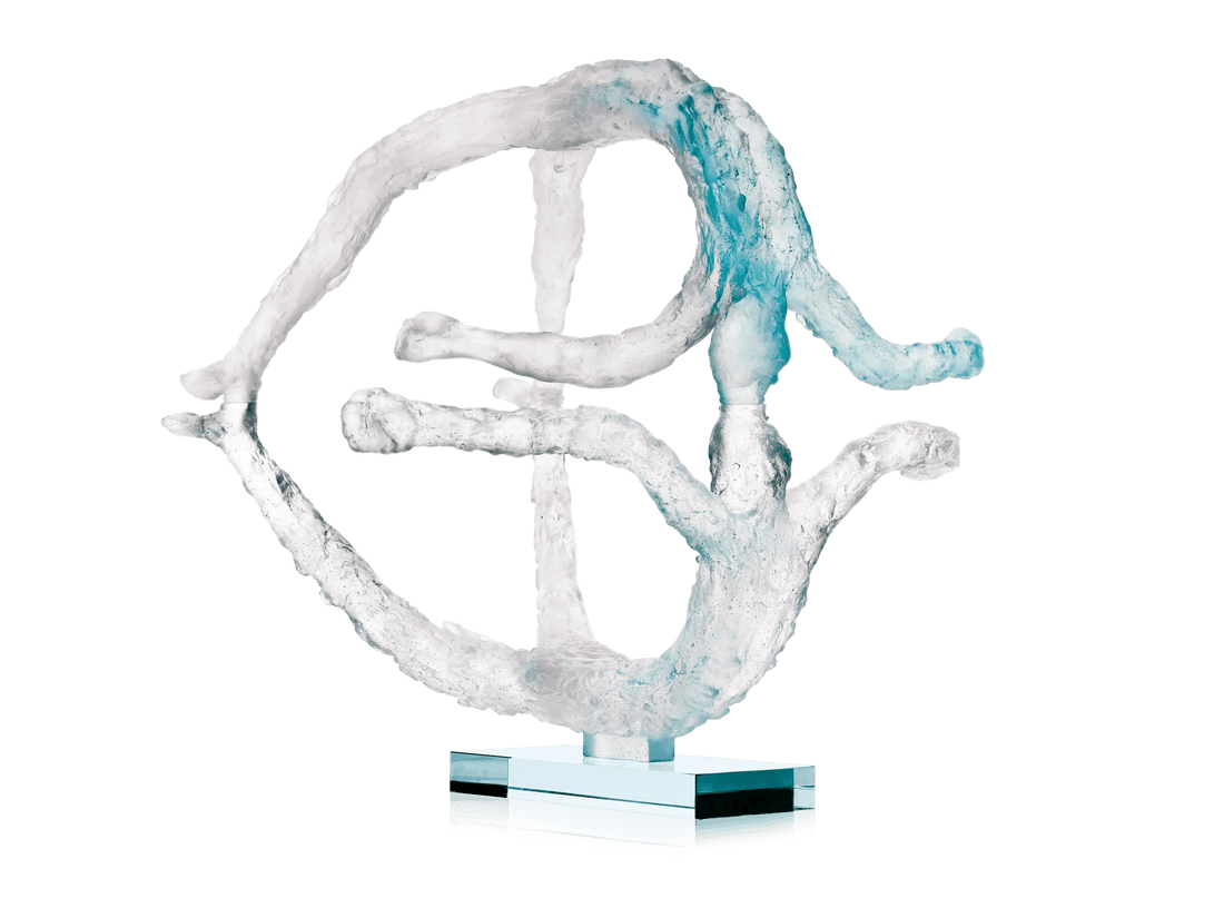 Daum La terre de Louis Derbré abstract crystal sculpture in white and blue on a clear base