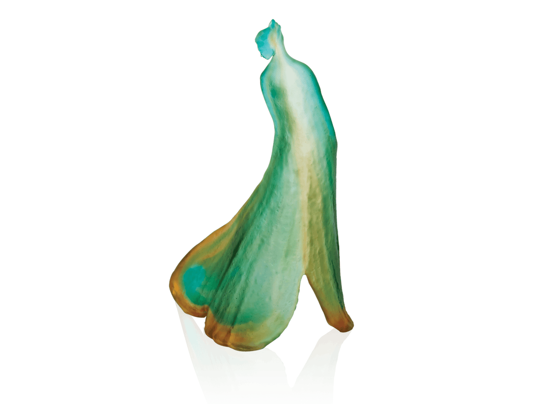 Daum Lady Ginkgo sculpture by Maria-Luise Bodirsky in teal and amber glass.