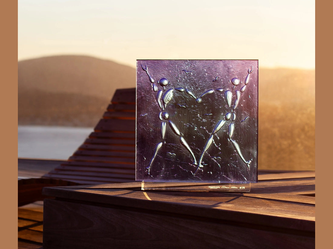 Blue glass Daum 'Love Dance Bleue' sculpture by Jérôme Mesnager featuring two dancing figures.