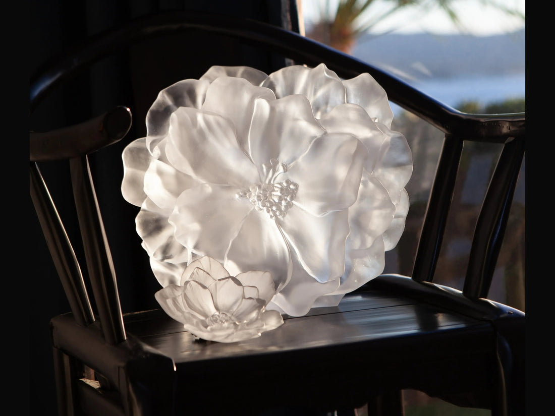Daum Camelia Coupe petit modèle Blanche glass flower sculpture on a dark chair
