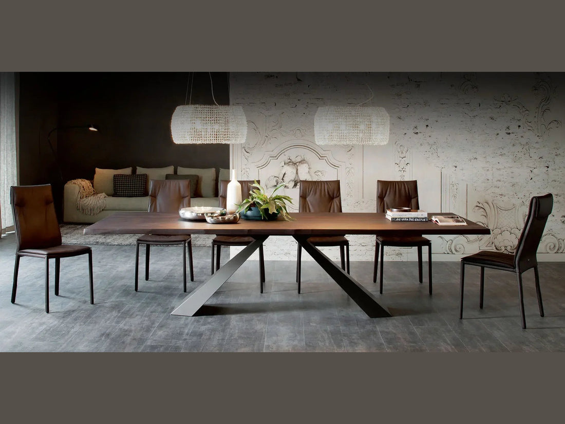 Cattelan Italia ELIOT Wood dining table with dark wood top and sculptural black metal base.