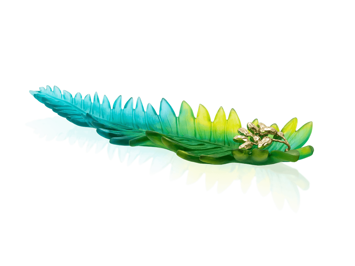 Daum Palm Beach leaf-shaped glass bowl in green and yellow gradient with gold accents