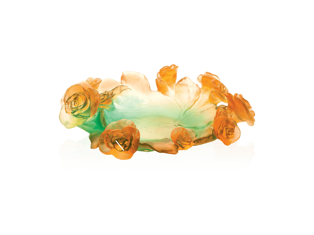 Daum Rose Passion coupe in orange and green glass with rose petal design