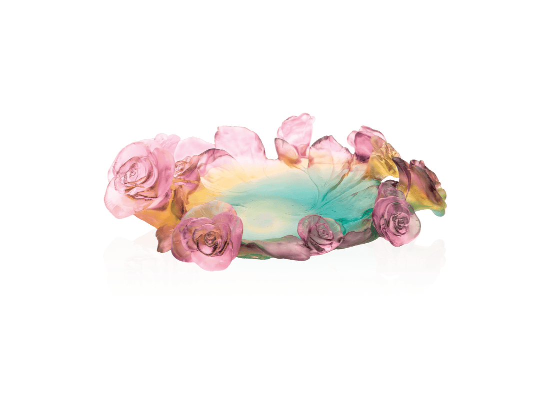 Daum Rose Passion glass coupe in green and pink rose petal design.