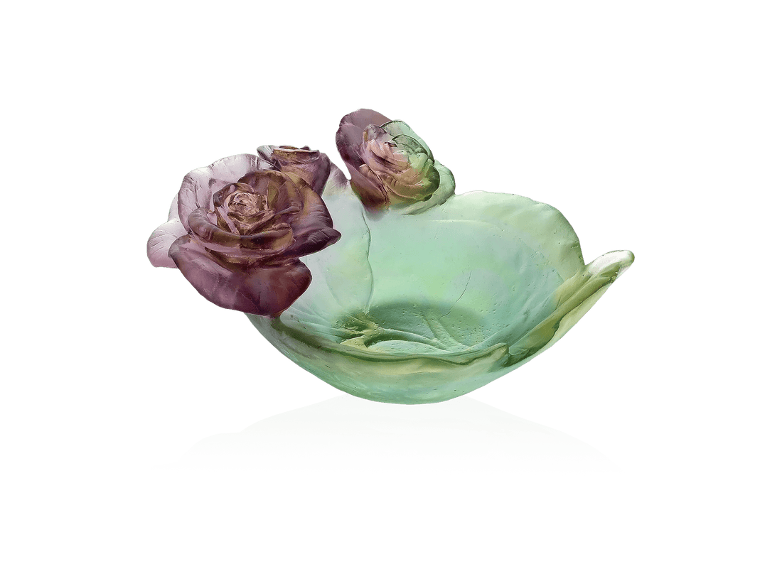 Daum Rose Passion glass coupelle in green and pink with sculpted rose blossoms