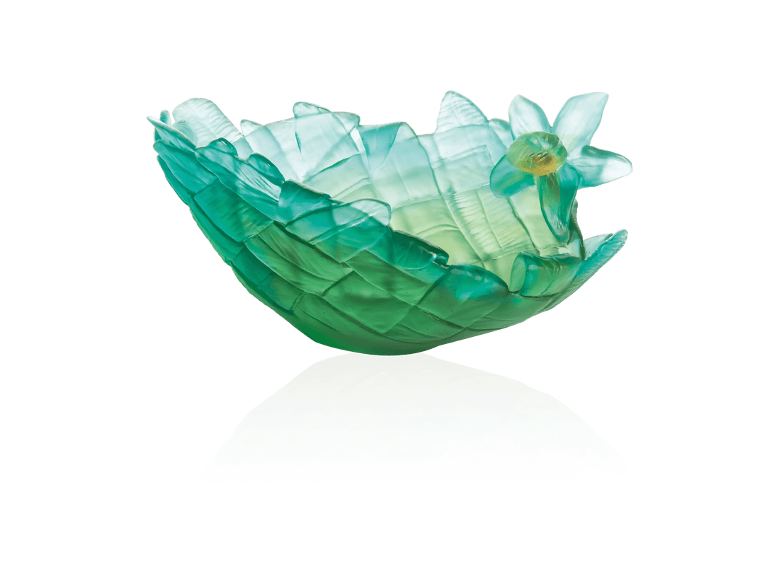 Daum Tressage medium model glass coupe in shades of teal and light green.
