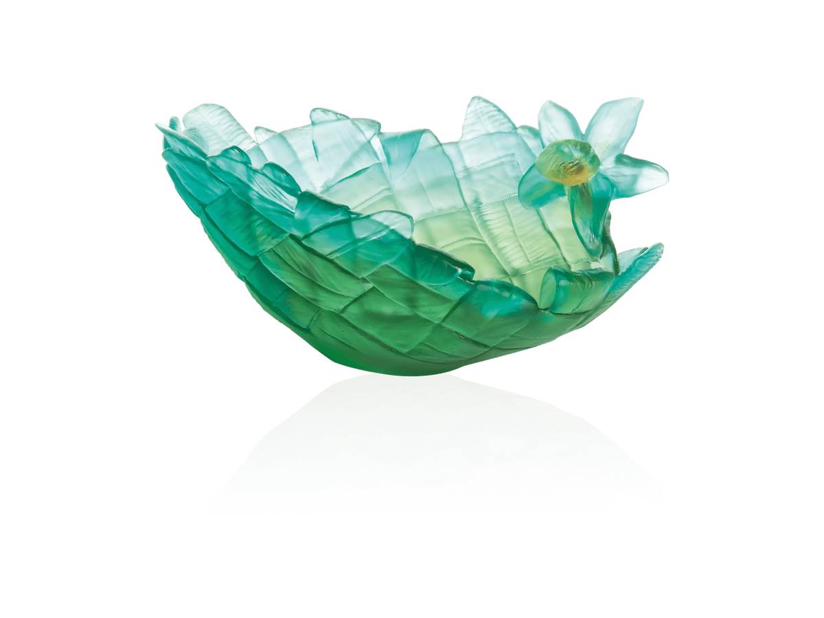 Daum Tressage medium model glass coupe in shades of teal and light green.