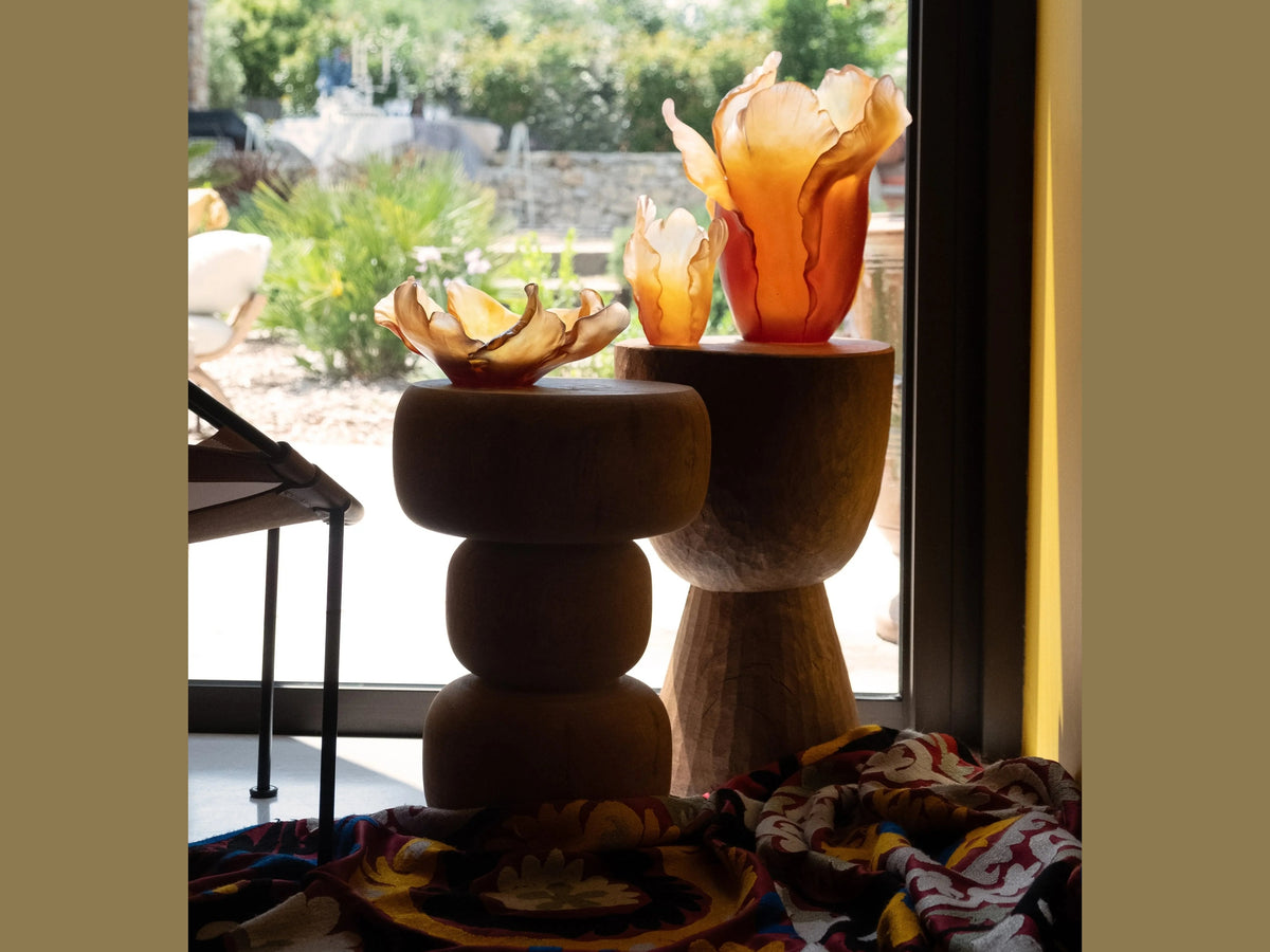 Daum Tulipe Coupe Ambre amber glass vases on wooden pedestals