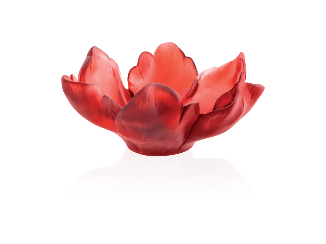 Daum Tulipe Coupelle Rouge red frosted glass bowl shaped like a tulip on a green background