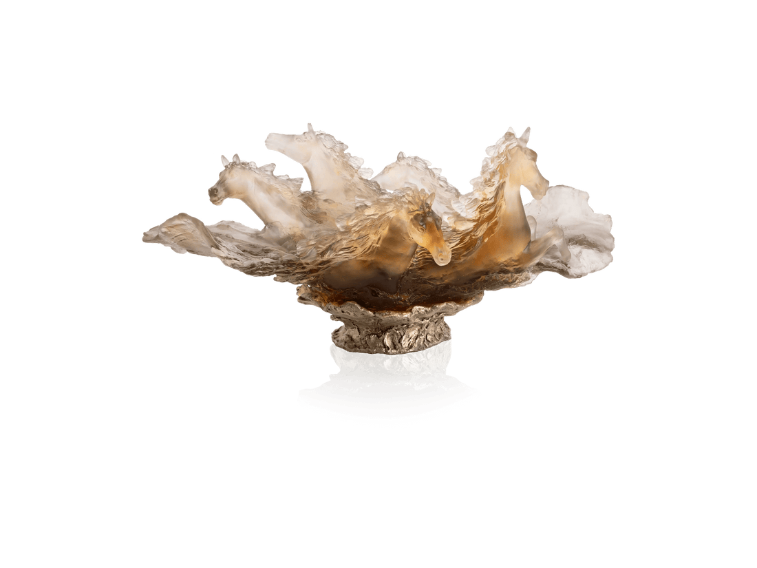 Daum Cavalcade Centerpiece in iced brown glass featuring galloping horses