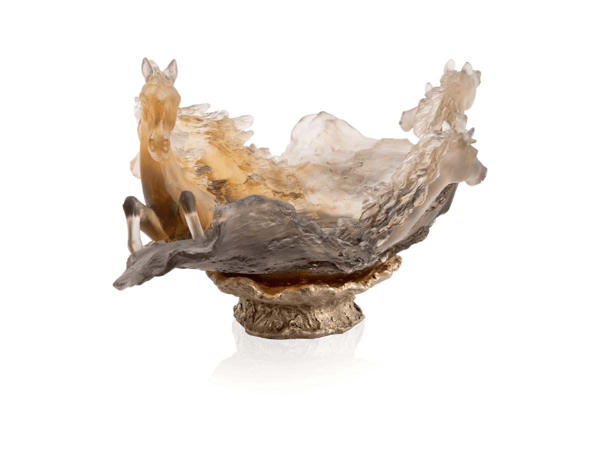 Daum Cavalcade Centerpiece in iced brown glass featuring dynamic horse figures