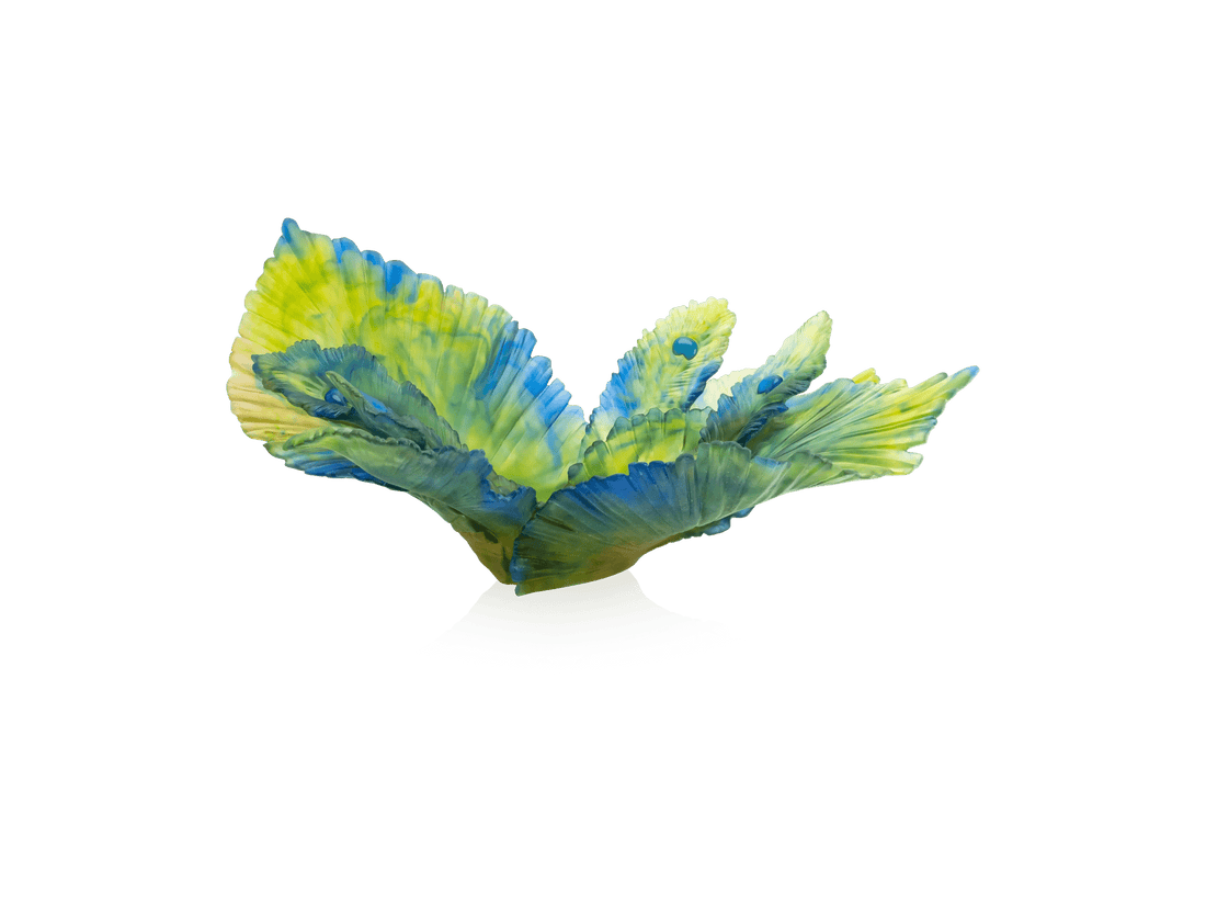 Exotic Daum Peacock Flower centerpiece in vibrant blue and yellow glass