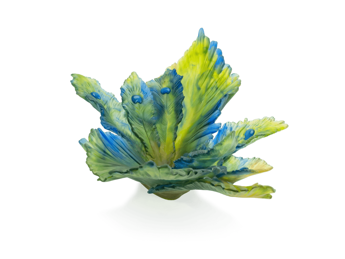 Daum Exotic Peacock Flower glass centerpiece in blue and yellow hues.