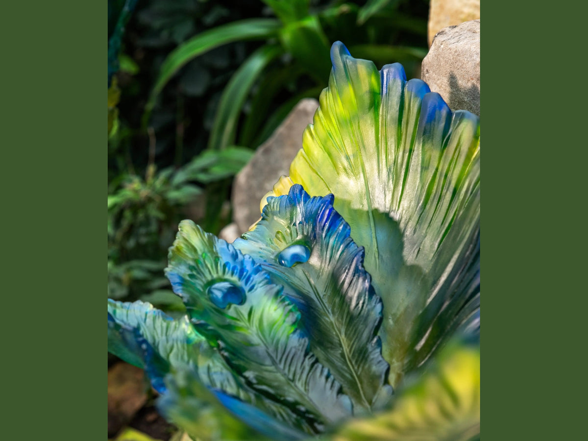 Daum Exotic Peacock Flower Centerpiece with blue and green glass leaves