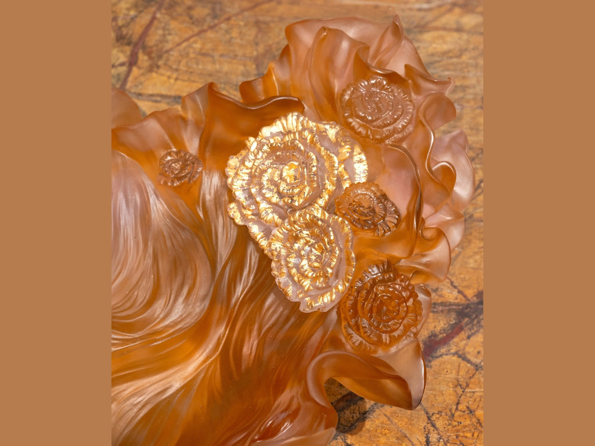 Daum Rose Royale amber glass centerpiece with sculpted rose details