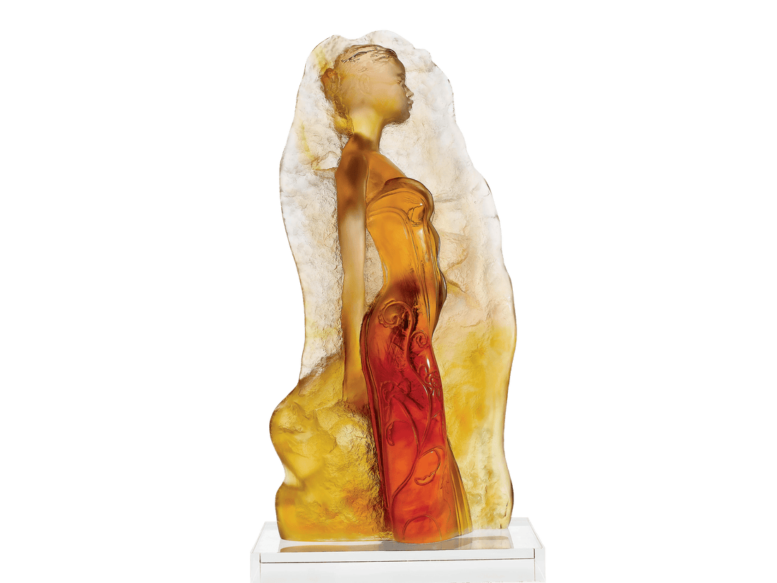 Daum Pénélope crystal sculpture by Marie-Paule Deville-Chabrolle in amber and red tones