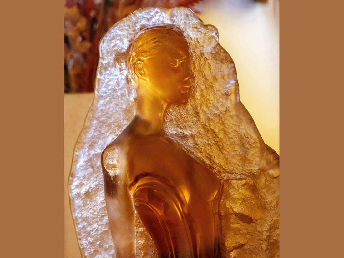 Daum Pénélope crystal sculpture by Marie-Paule Deville-Chabrolle in amber and red tones