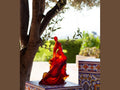 Daum Paloma de Nathalie Seguin red glass sculpture on a tiled pedestal outdoors