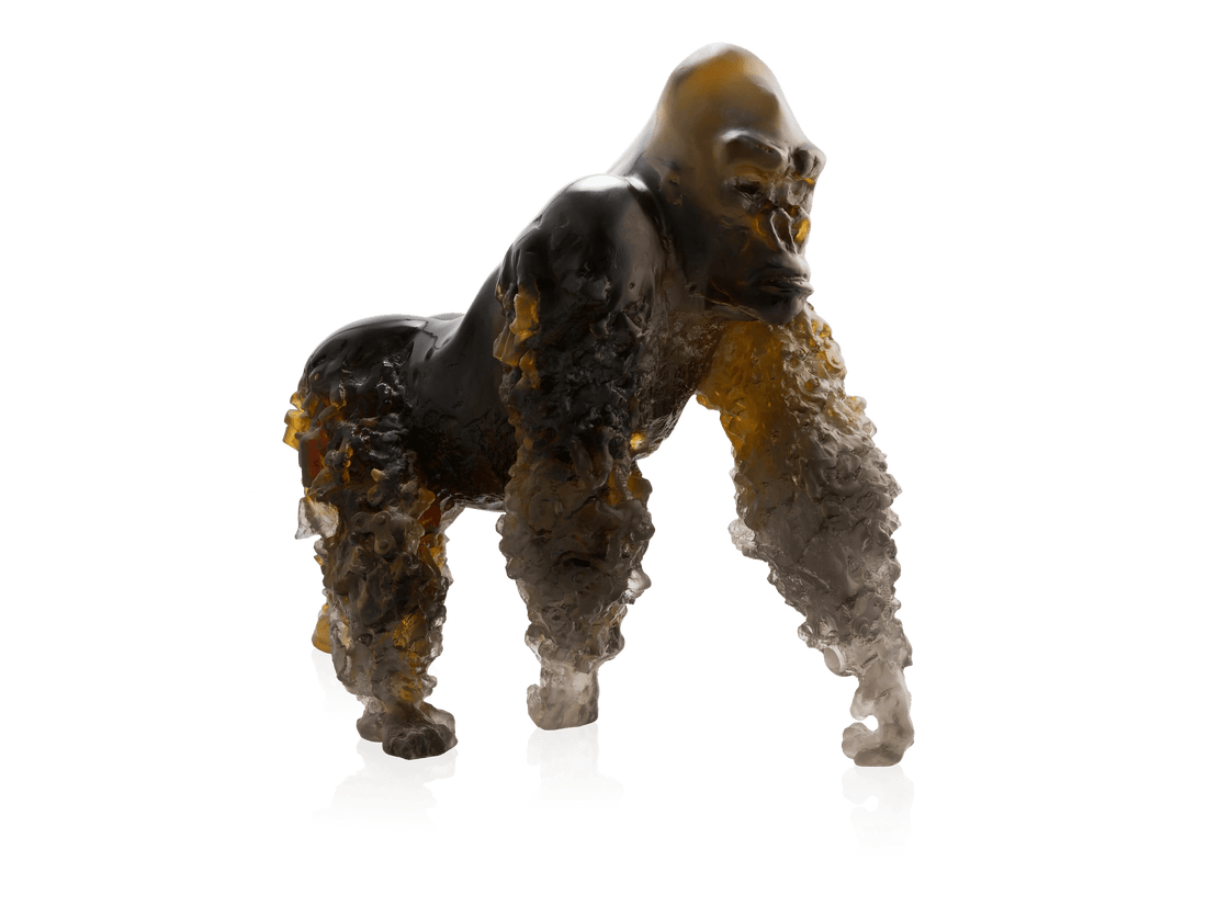 Daum Silverback Gorilla Amber-Gris glass sculpture with translucent amber and grey tones