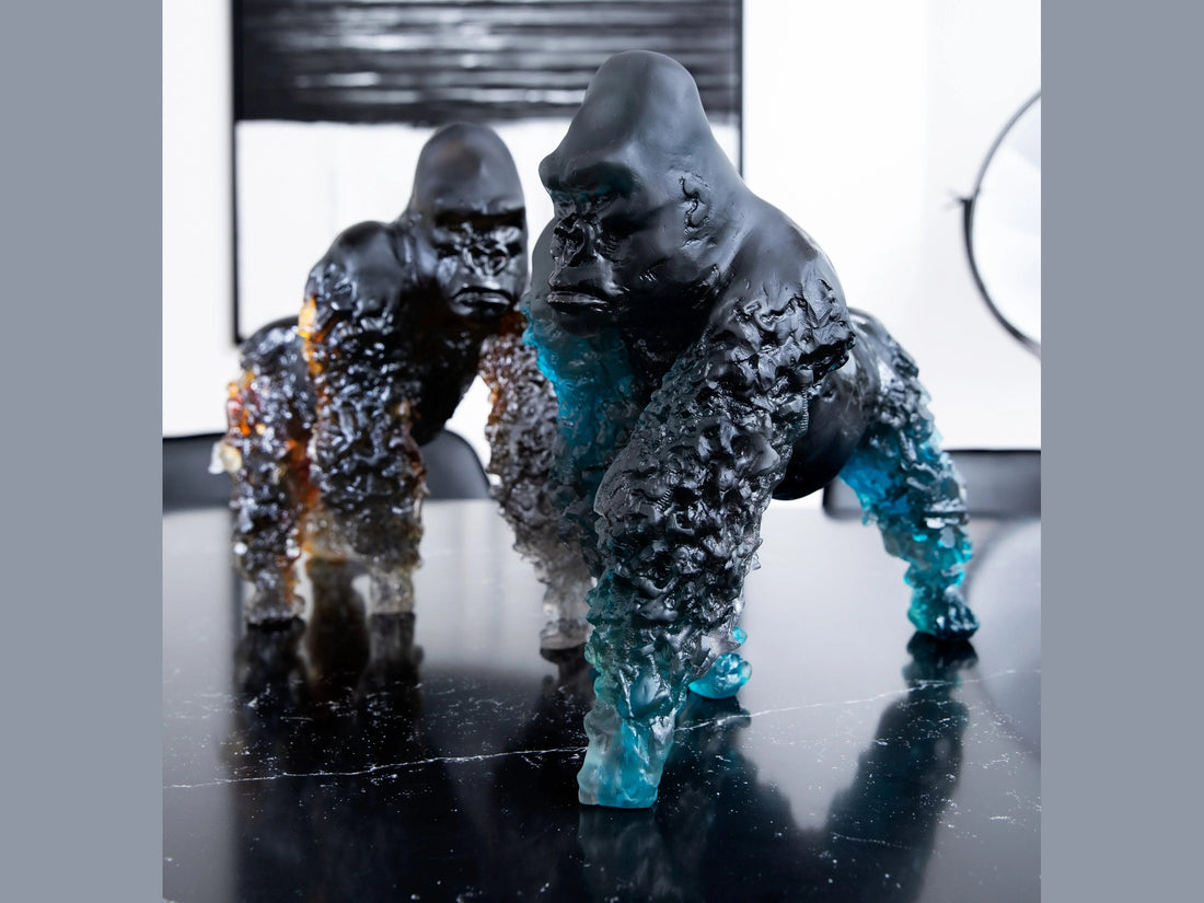 Daum Silverback Gorilla Amber-Gris glass sculpture with translucent amber and grey tones