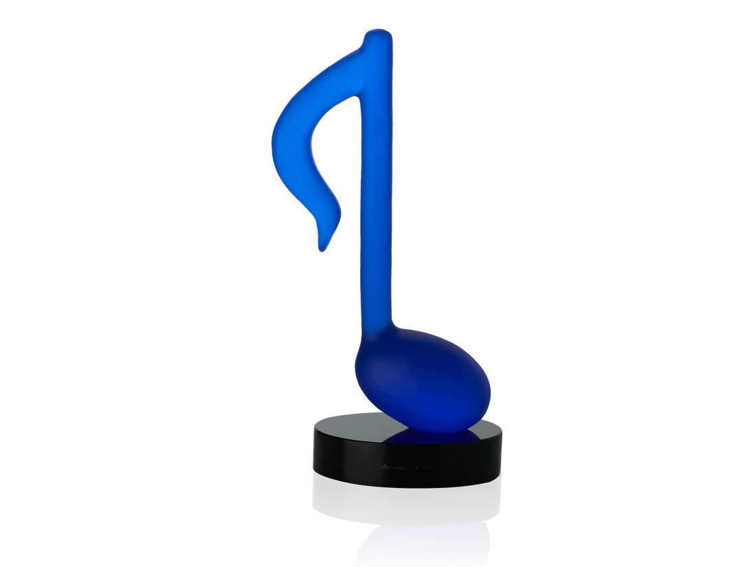 Daum Timeless Bleue de Manu Katche blue glass musical note sculpture on black base
