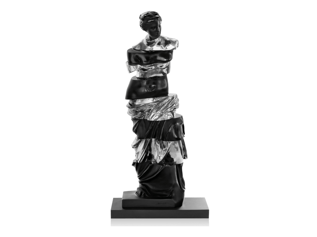 Tranchlucide de Arman sculpture by Daum featuring a sliced classical figure in black and silver.