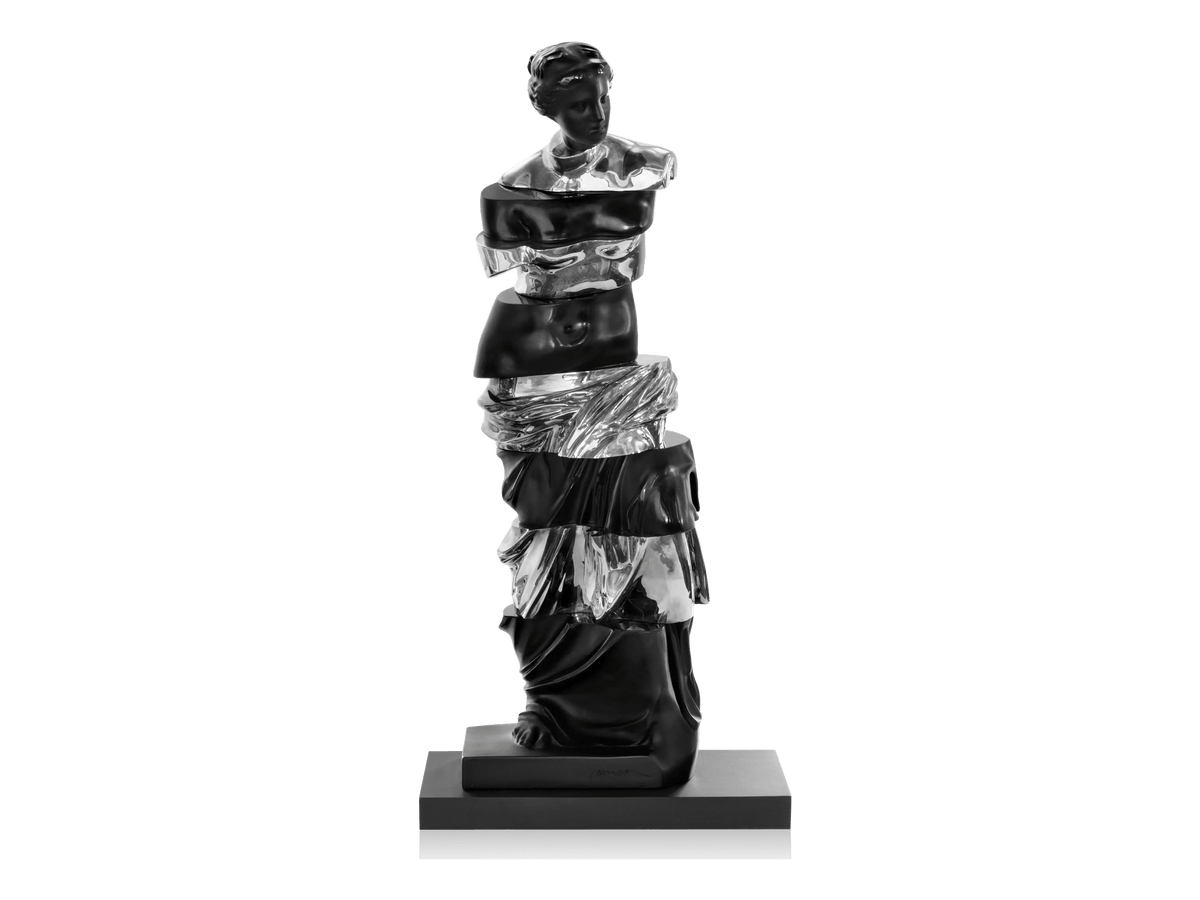 Tranchlucide de Arman sculpture by Daum featuring a sliced classical figure in black and silver.