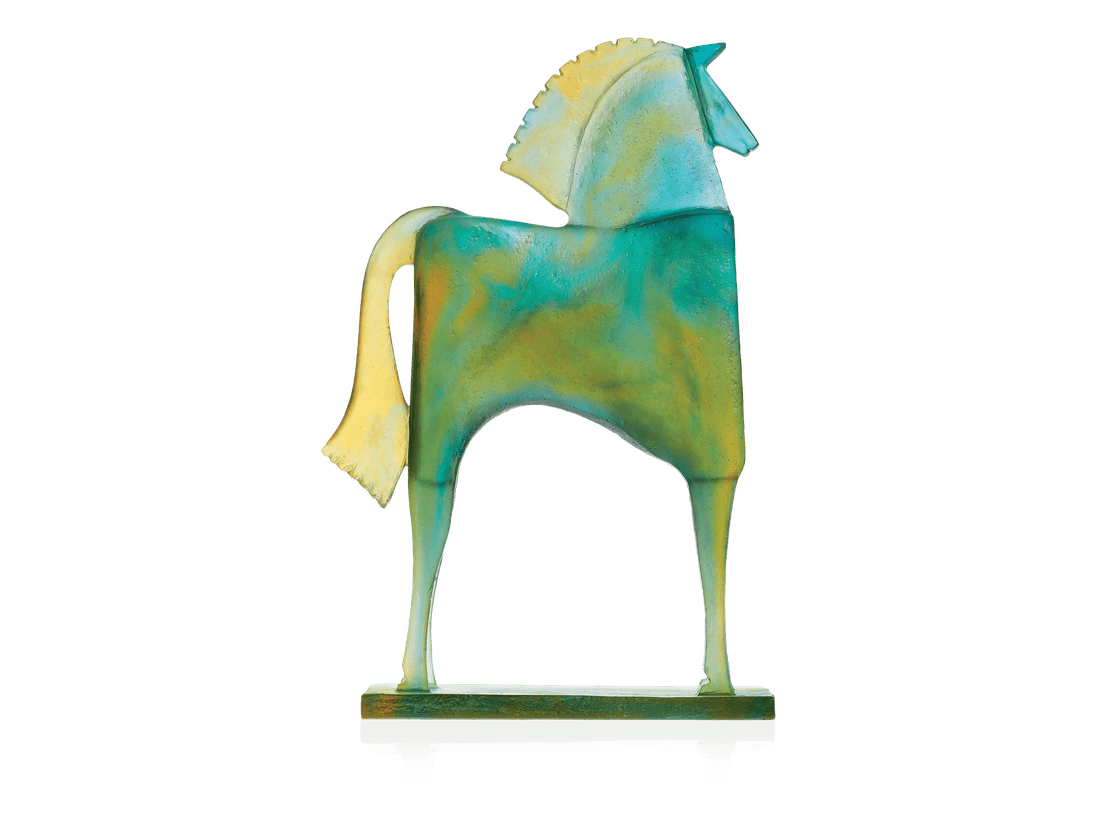 Daum Troya horse sculpture by Carlos Mata in blue and yellow glass on a base
