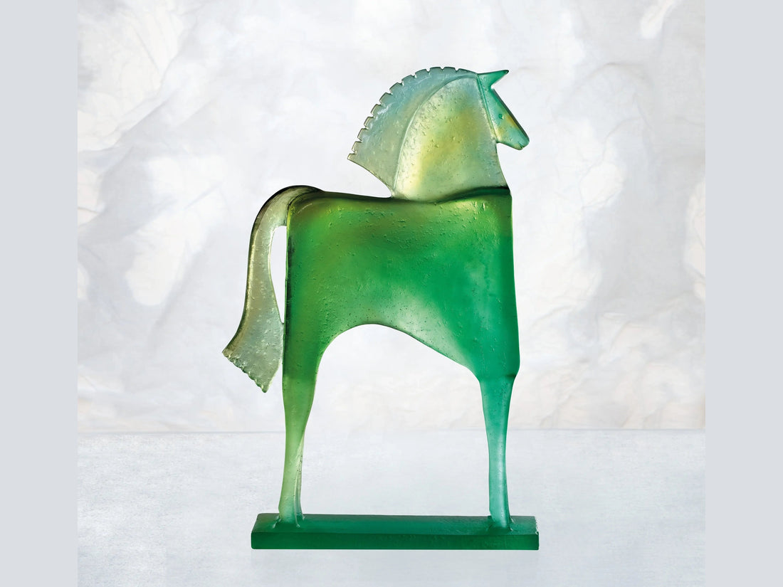 Daum Troya horse sculpture by Carlos Mata in blue and yellow glass on a base