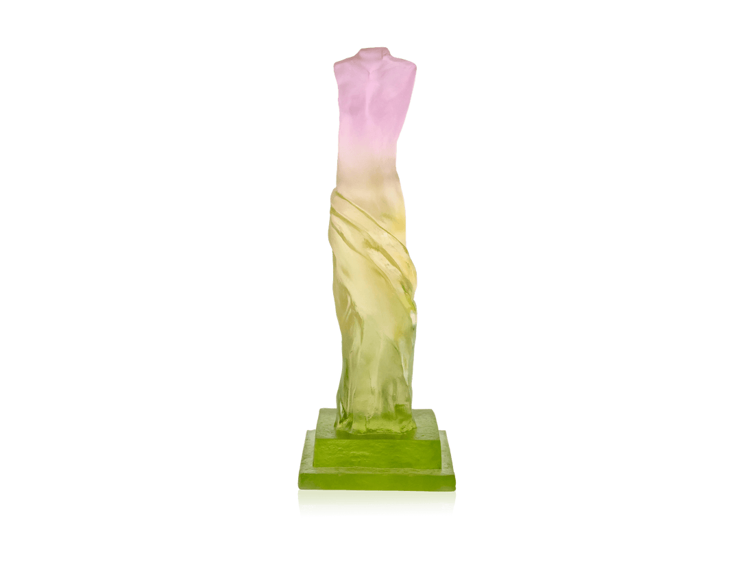 Daum Vénus de Laurence Bonnel glass sculpture with pink and yellow gradients on green base