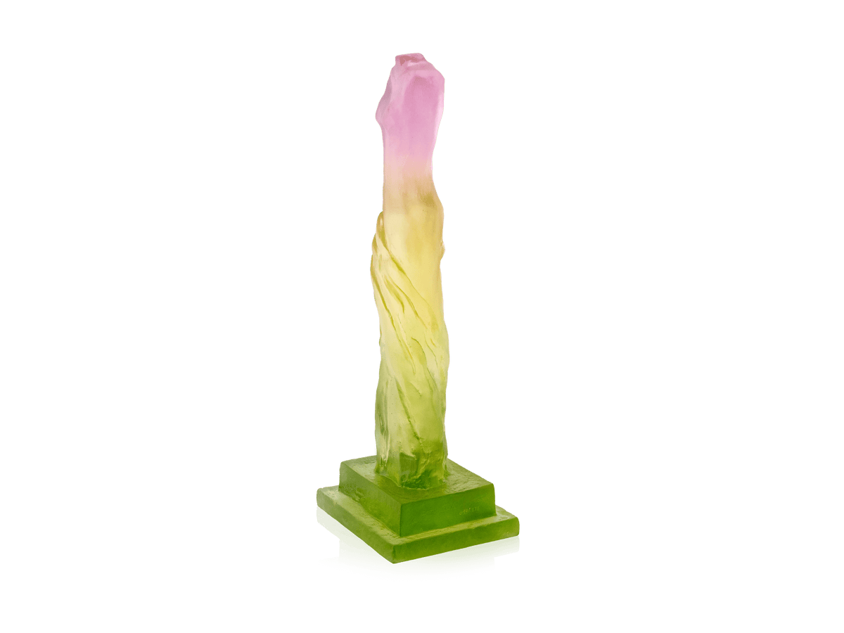 Daum Vénus de Laurence Bonnel glass sculpture in pink and yellow gradients on a green base