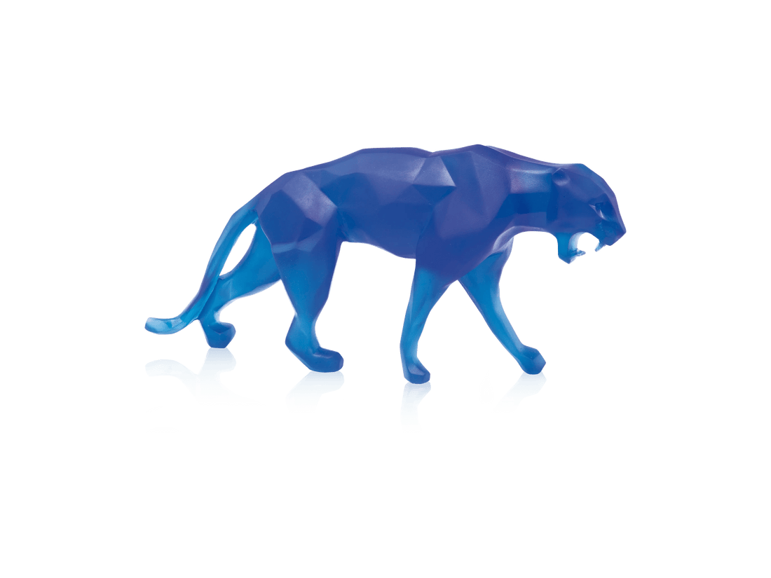 Blue faceted glass Wild Panther sculpture by Daum, designed by Richard Orlinski
