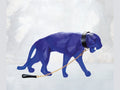 Blue faceted Wild Panther sculpture by Daum with a black leather collar and gold chain.