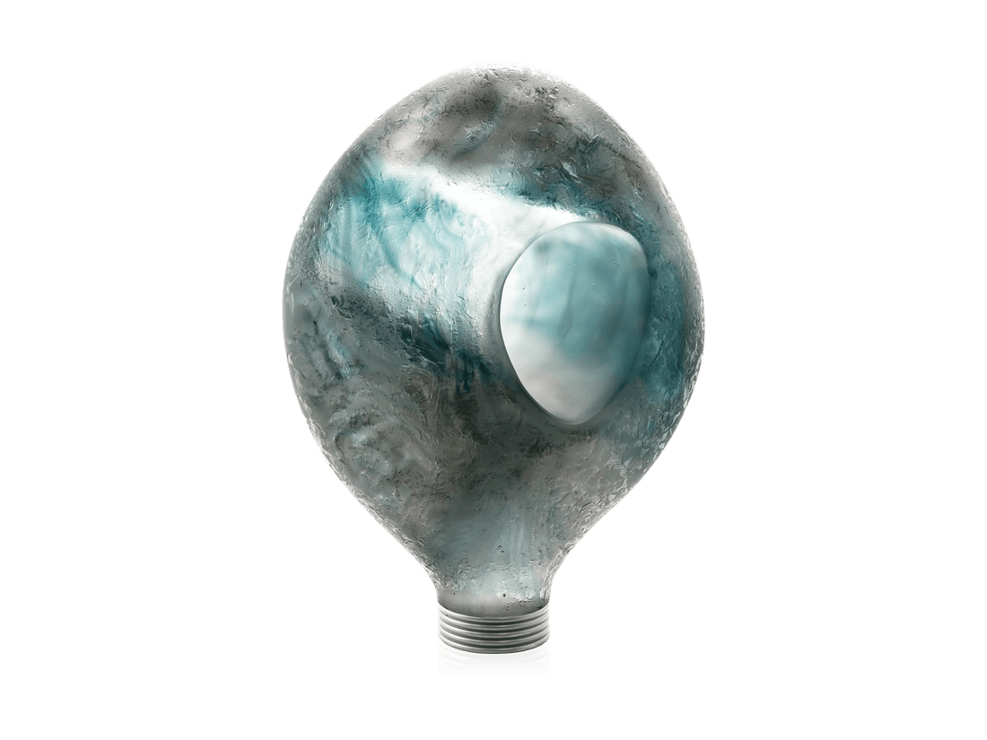 Daum Yeelen azur glass sculpture shaped like a light bulb with swirling blue and silver tones