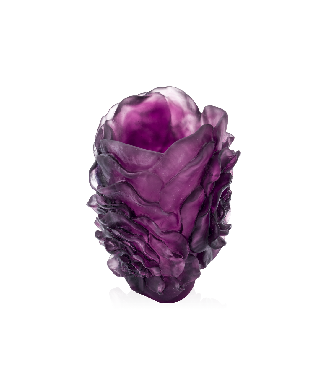 Vase petite Camélia violet de la marque Daum, verre soufflé artisanal avec motif floral délicat.