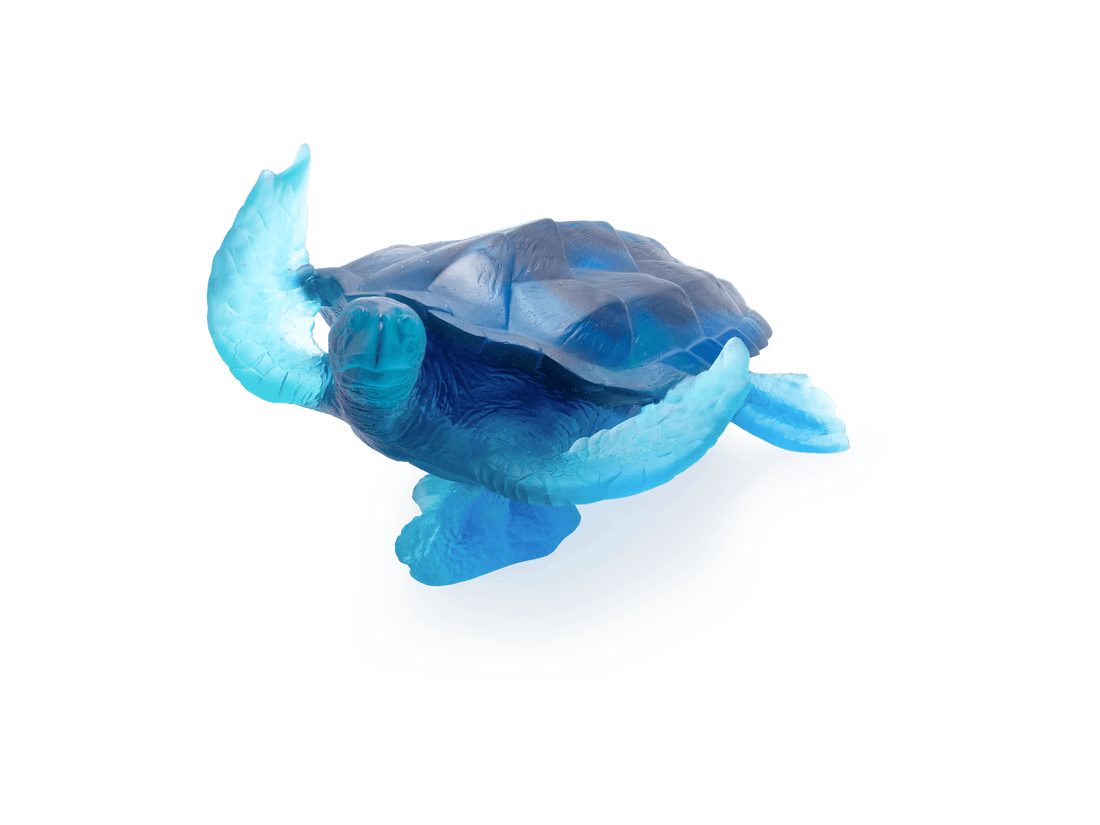 Daum Mer de Corail blue glass sea turtle sculpture on a white base