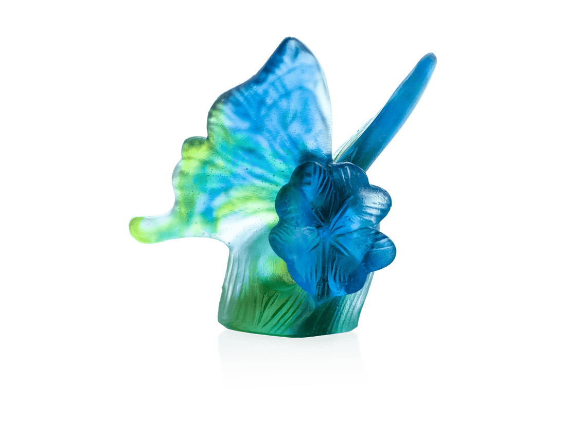 Daum Papillon Bleu et vert glass butterfly sculpture in blue and green hues