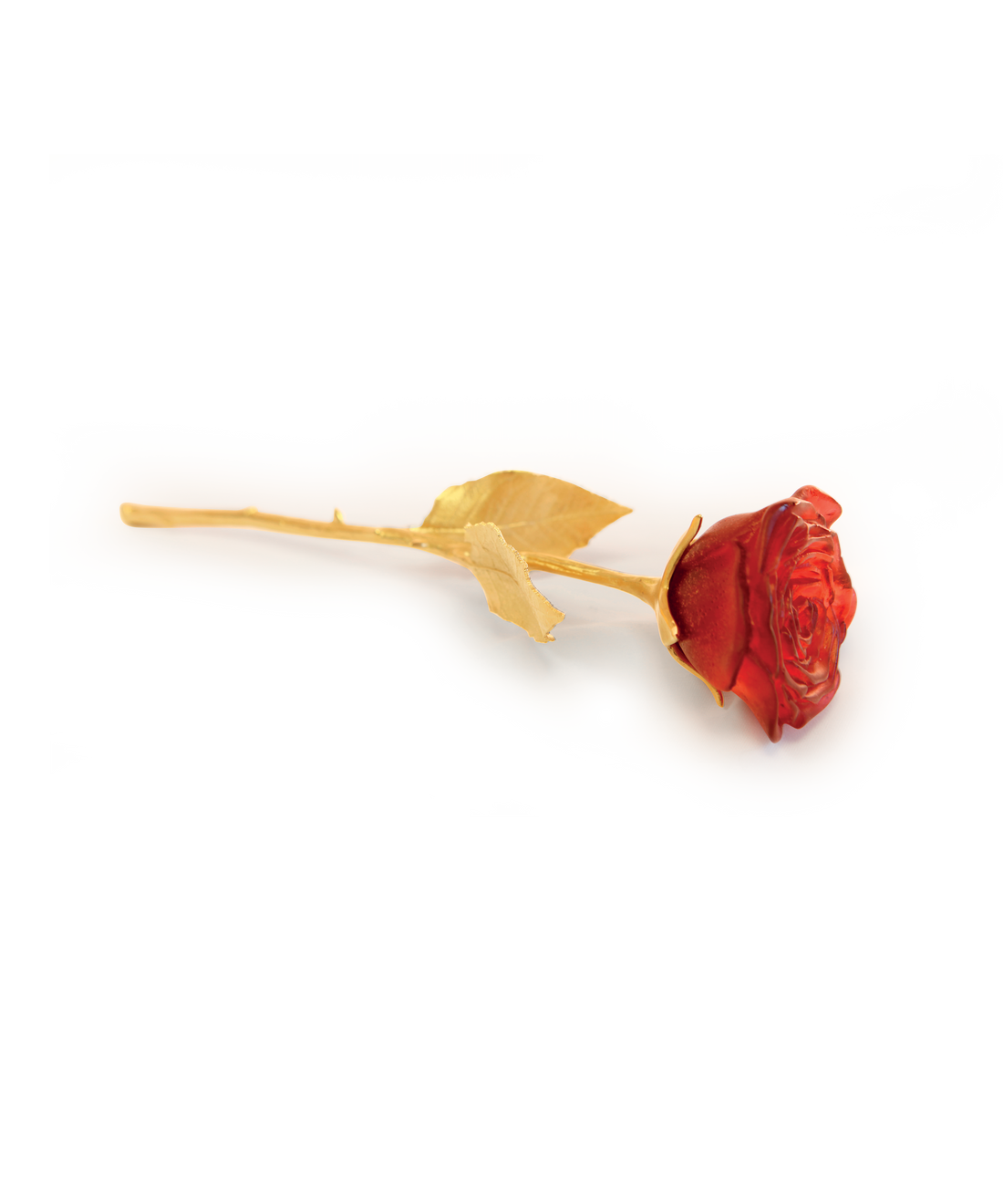 Rose éternelle rouge en verre de marque Daum, sculpture artistique avec détails délicats et finition brillante.